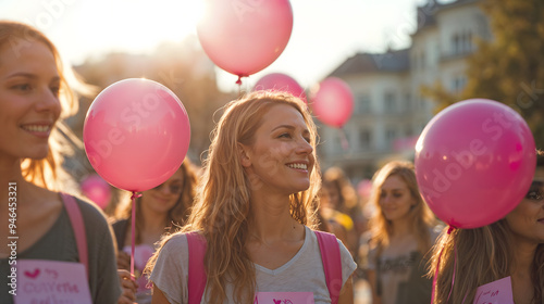 Young woman holding pink balloon during breast cancer awareness walk