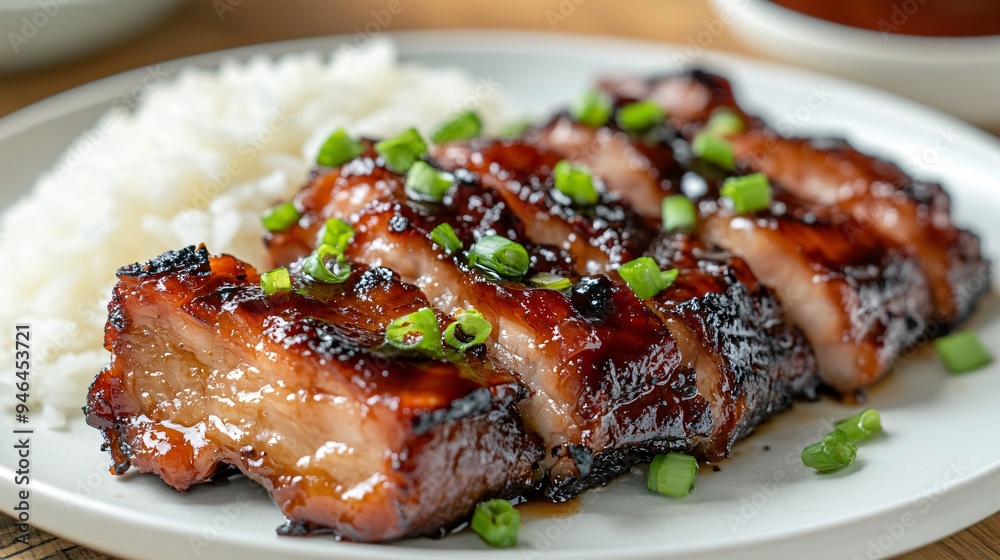 A close up of a plate of Char Siu, Cantonese-style barbecued pork, glazed with a sweet and savory sauce, served with steamed rice A close up of a plate of Char Siu, Cantonese-style barbecued pork, glazed with a sweet and savory sauce, served with steamed rice