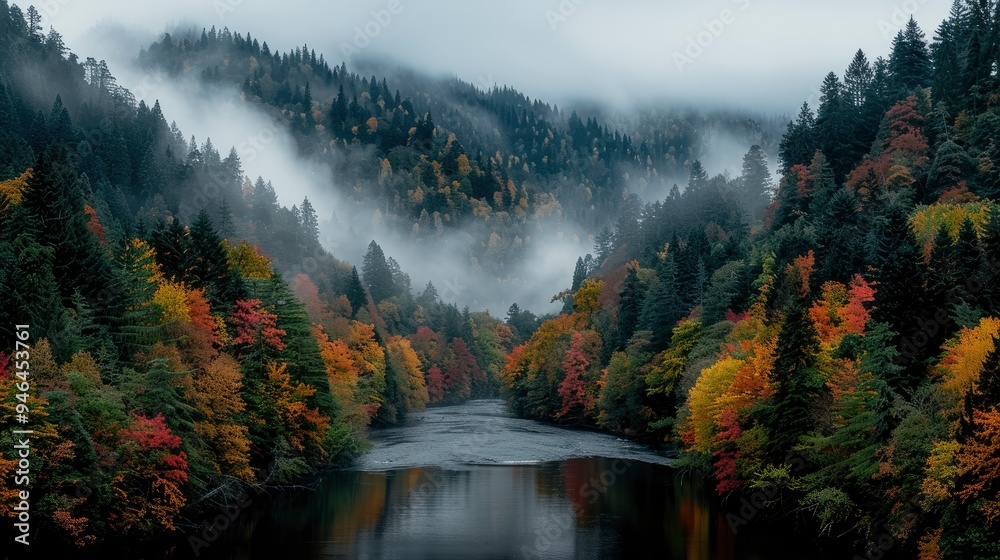 Fototapeta premium Misty Autumn Forest River