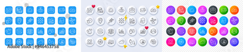 Vacancy, Cloudy weather and Alarm clock line icons. Square, Gradient, Pin 3d buttons. AI, QA and map pin icons. Pack of Excise duty, Mute sound, Medical tablet icon. Vector