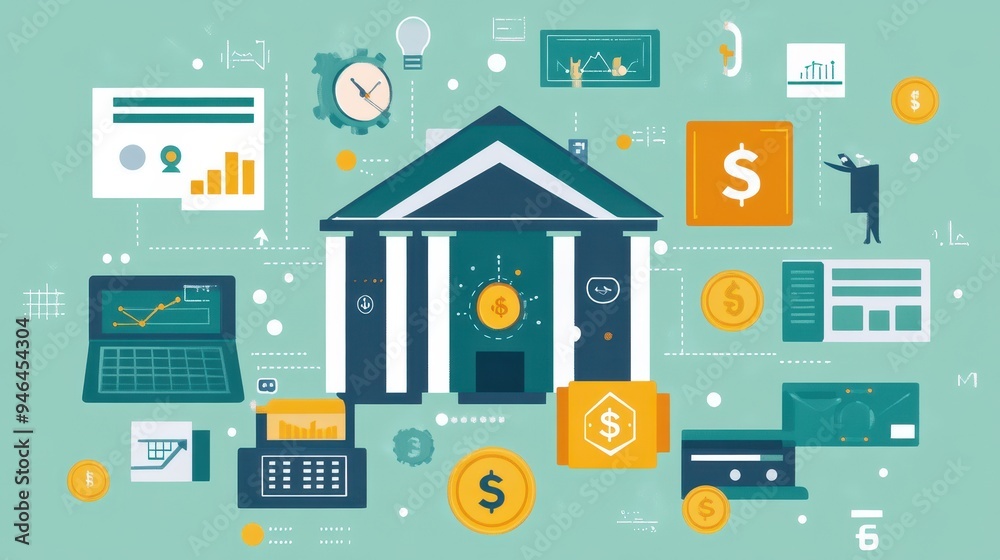The composition depicts a financial ecosystem featuring a bank structure surrounded by graphs, coins, and digital financial tools The composition depicts a financial ecosystem featuring a bank structure surrounded by graphs, coins, and digital financial tools