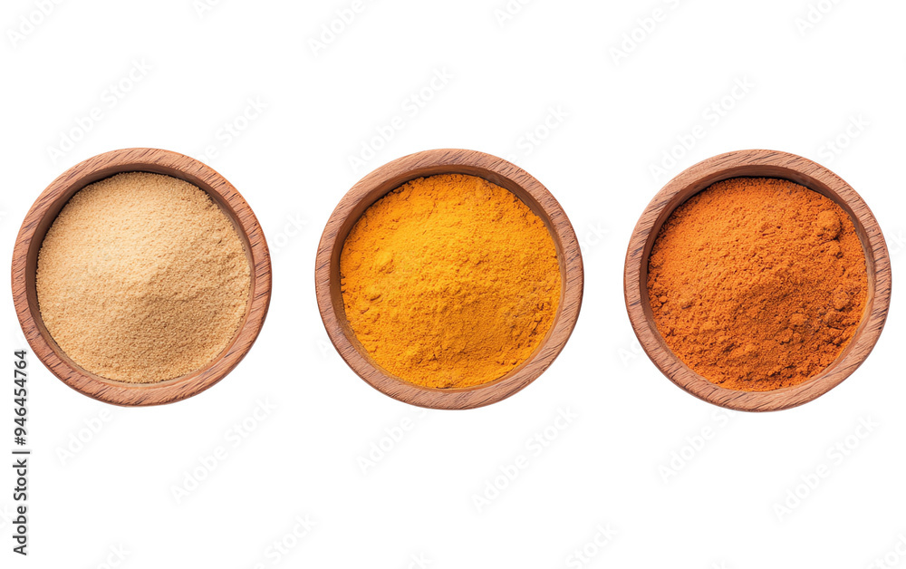 Three bowls containing different spices: beige, yellow, and orange powders, showcasing vibrant colors and natural textures. Three bowls containing different spices: beige, yellow, and orange powders, showcasing vibrant colors and natural textures.