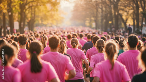 Crowd of participants running in breast cancer awareness marathon photo