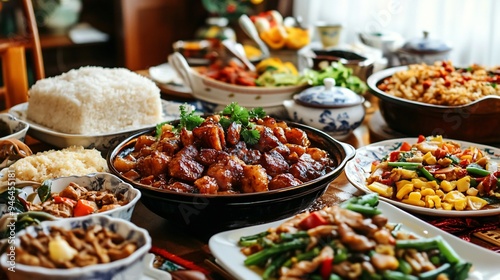 A festive Chinese dinner table set with a variety of dishes, including braised pork belly, stir-fried vegetables, and steamed rice