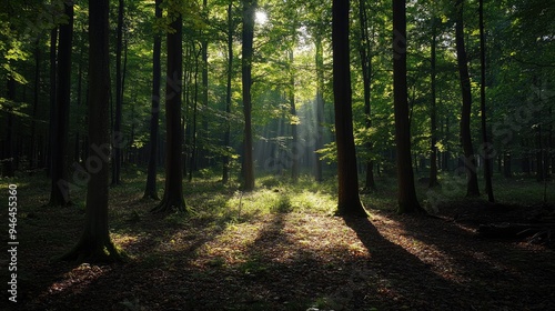 Sunlight filtering through the leaves of a dense forest, casting shadows on the forest floor