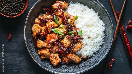 A plate of spicy Sichuan chicken, garnished with dried chili peppers and Sichuan peppercorns, served with steamed white rice photo