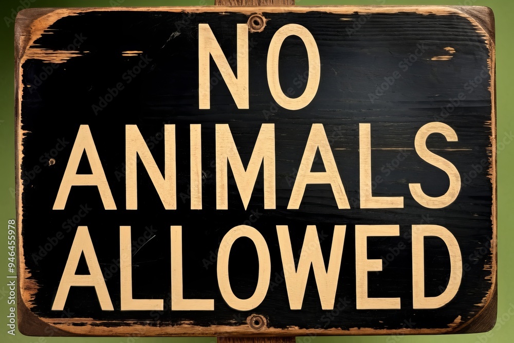 Fototapeta premium A rustic wooden sign with black background and yellow lettering reads No Animals Allowed..
