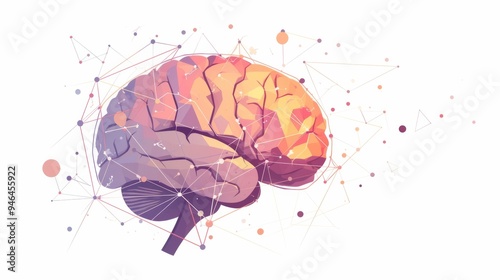 Multifaceted Geometric Diagram of a Colored Brain, Isolated and Stylized