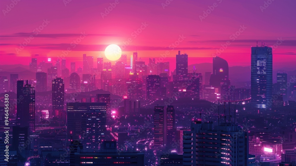 Fototapeta premium Illustration of a futuristic cyberpunk cityscape of skyscrapers decorated with purple and pink neon lights.
