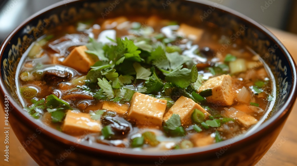 A rich bowl of hot and sour soup, filled with tofu, mushrooms, bamboo shoots, and green onions, garnished with fresh cilantro A rich bowl of hot and sour soup, filled with tofu, mushrooms, bamboo shoots, and green onions, garnished with fresh cilantro