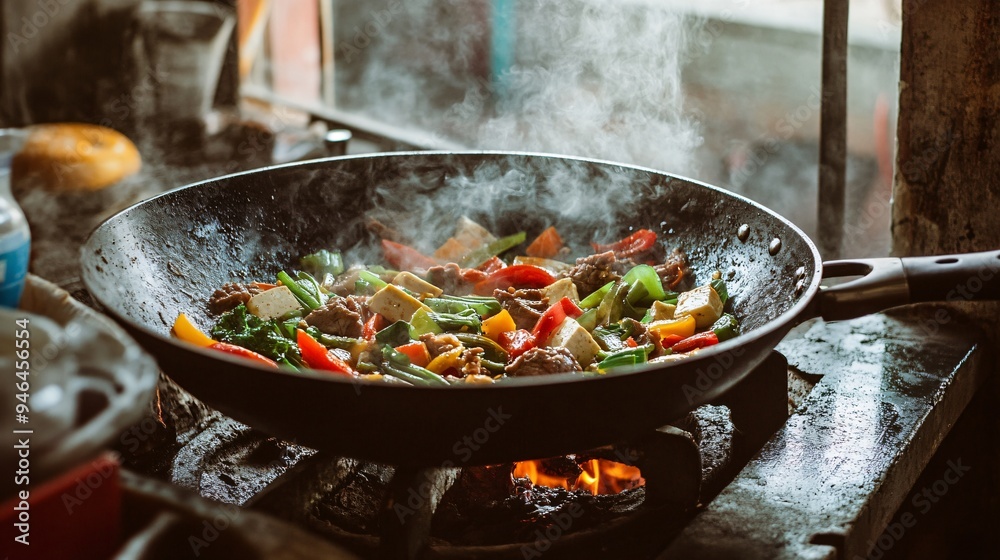 A rustic Chinese kitchen with a wok sizzling over a high flame, stir-frying colorful vegetables, tofu, and tender beef strips A rustic Chinese kitchen with a wok sizzling over a high flame, stir-frying colorful vegetables, tofu, and tender beef strips