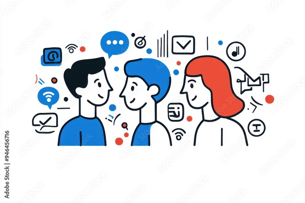 Minimalist line art illustration of three people having a conversation, with social media icons around them The vibrant color palette features blue and red accents on a white background Generative AI Minimalist line art illustration of three people having a conversation, with social media icons around them The vibrant color palette features blue and red accents on a white background Generative AI