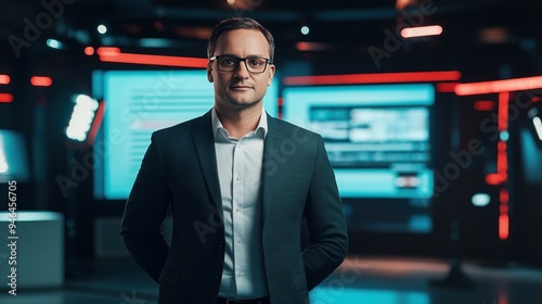 Wallpaper Mural Confident European male television presenter in a modern broadcast studio with vibrant technology and screens in the background Torontodigital.ca