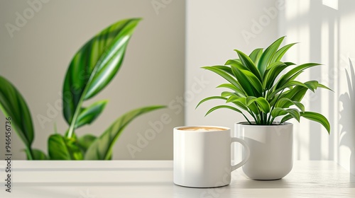 Two white cups and a plant sit on a table. The scene is simple and peaceful, with the plant providing a touch of nature to the space
