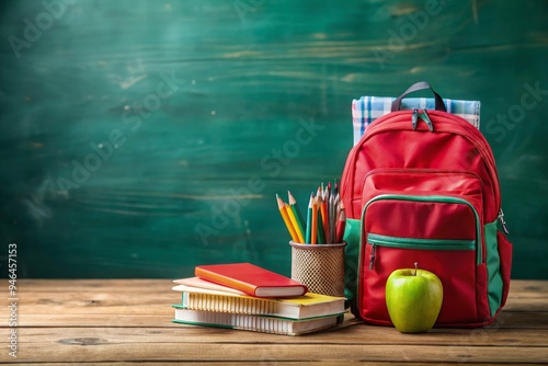 Minimalist photograph of a brightly colored school backpack against a plain colorful background, with open space for text, symbolizing a back-to-school concept