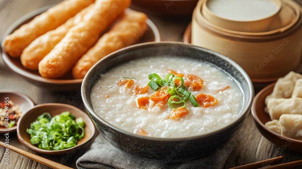 A traditional Chinese breakfast scene featuring soy milk, youtiao (fried dough sticks), and a bowl of warm congee with pickled vegetables A traditional Chinese breakfast scene featuring soy milk, youtiao (fried dough sticks), and a bowl of warm congee with pickled vegetables