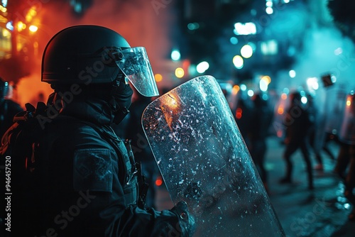 Demonstrators rally for their rights while law enforcement stands ready with riot shields, highlighting the clash of ideals amid a smoky urban backdrop. Generative AI