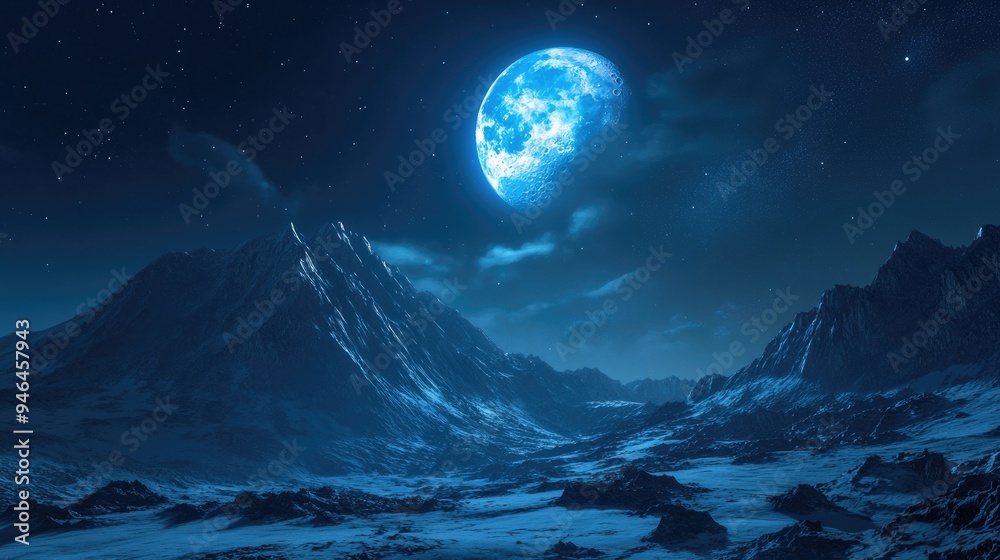 Fototapeta premium A full blue moon high in the sky, casting a gentle glow on a mountain range.