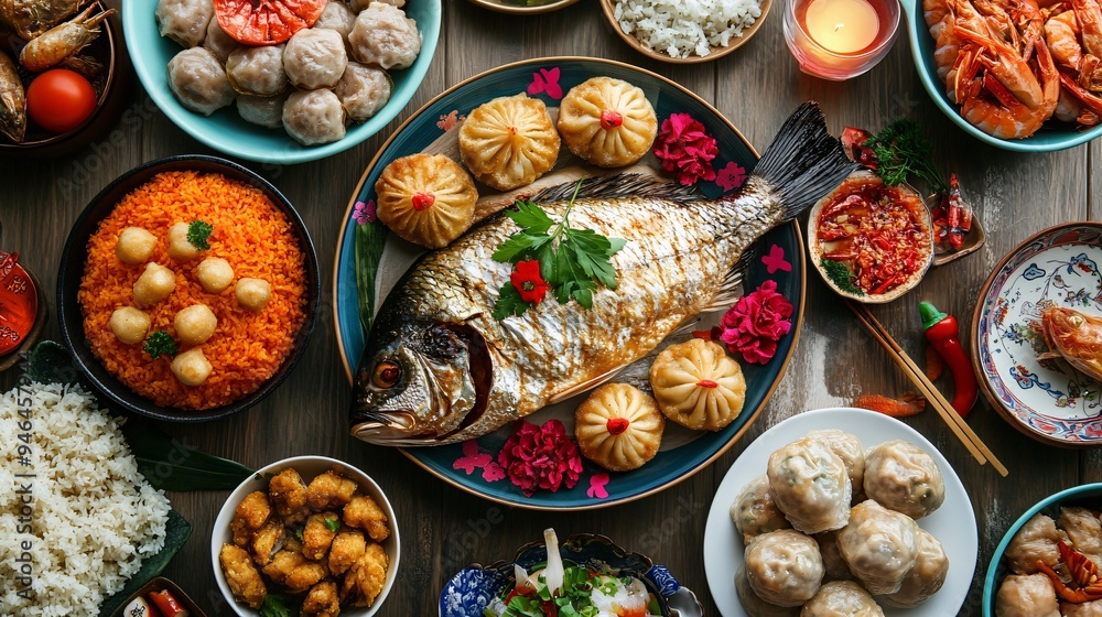 A traditional Chinese New Year spread with a variety of symbolic dishes, including whole fish, dumplings, and glutinous rice cakes A traditional Chinese New Year spread with a variety of symbolic dishes, including whole fish, dumplings, and glutinous rice cakes