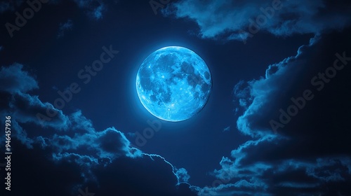 A full blue moon glowing softly, with scattered clouds creating a mystical atmosphere in the night sky.