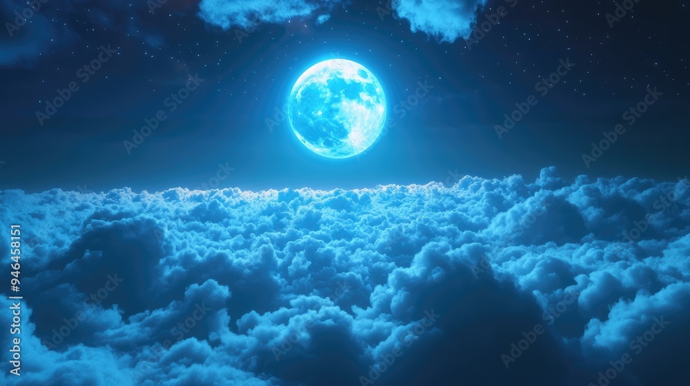 A full blue moon high in the sky, illuminating the clouds with a mystical light. A full blue moon high in the sky, illuminating the clouds with a mystical light.
