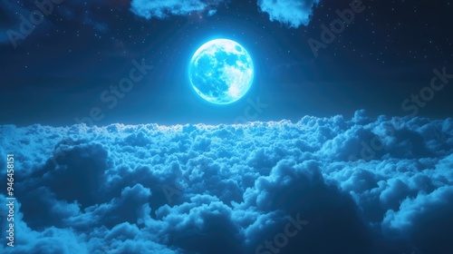 A full blue moon high in the sky, illuminating the clouds with a mystical light.