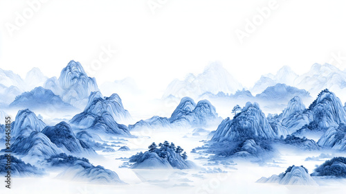 Chinese painting is a landscape of blue and white porcelain featuring rolling mountains