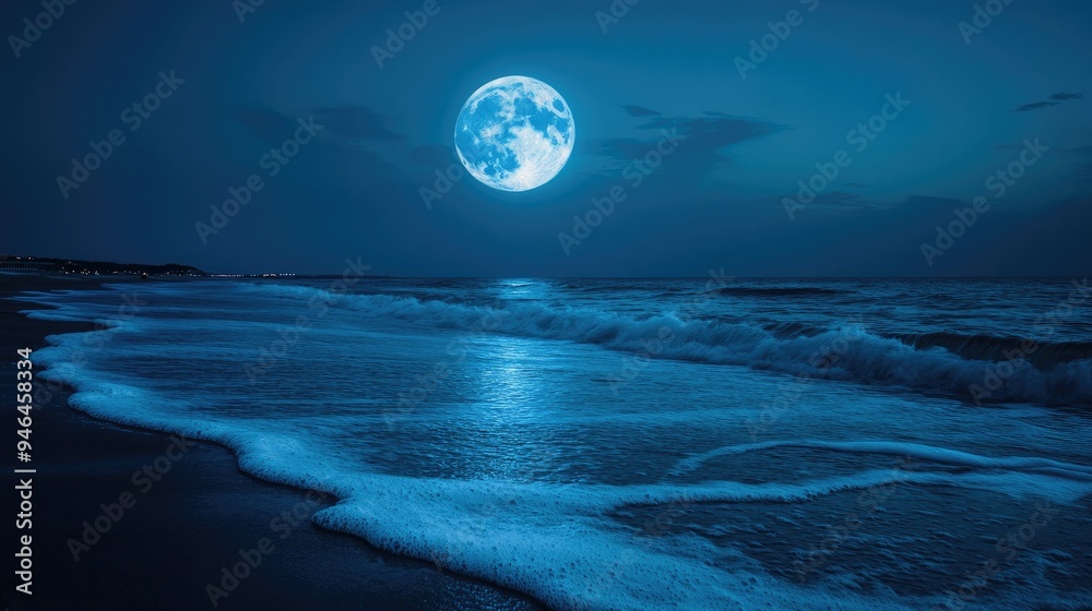 A full blue moon illuminating a quiet beach at night, with waves gently rolling in. A full blue moon illuminating a quiet beach at night, with waves gently rolling in.