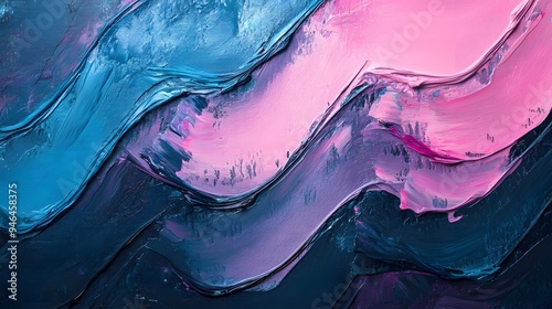 Wallpaper Mural A close-up of an abstract painting with wavy lines in pastel blue, pink, and purple colors. The background is dark grey. In the style of impasto oil paint brush strokes. Torontodigital.ca