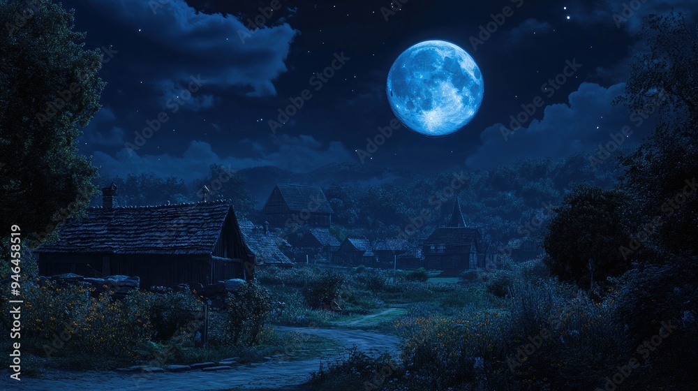 Naklejka premium A full blue moon low on the horizon, shining over a quiet village at night.