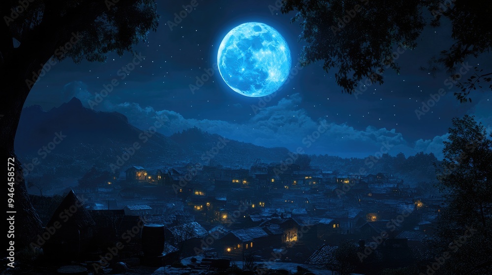 A full blue moon low on the horizon, shining over a quiet village at night. A full blue moon low on the horizon, shining over a quiet village at night.