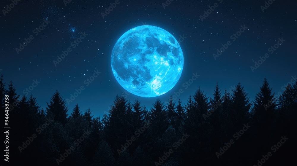 A full blue moon rising above a silhouette of trees in the quiet night. A full blue moon rising above a silhouette of trees in the quiet night.