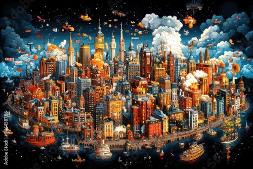 A vibrant cityscape seen from a worms-eye view