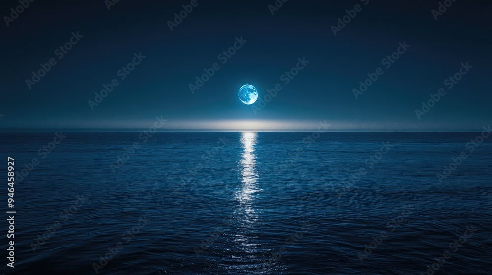 A full blue moon rising above the horizon, shining over a calm sea at night. A full blue moon rising above the horizon, shining over a calm sea at night.