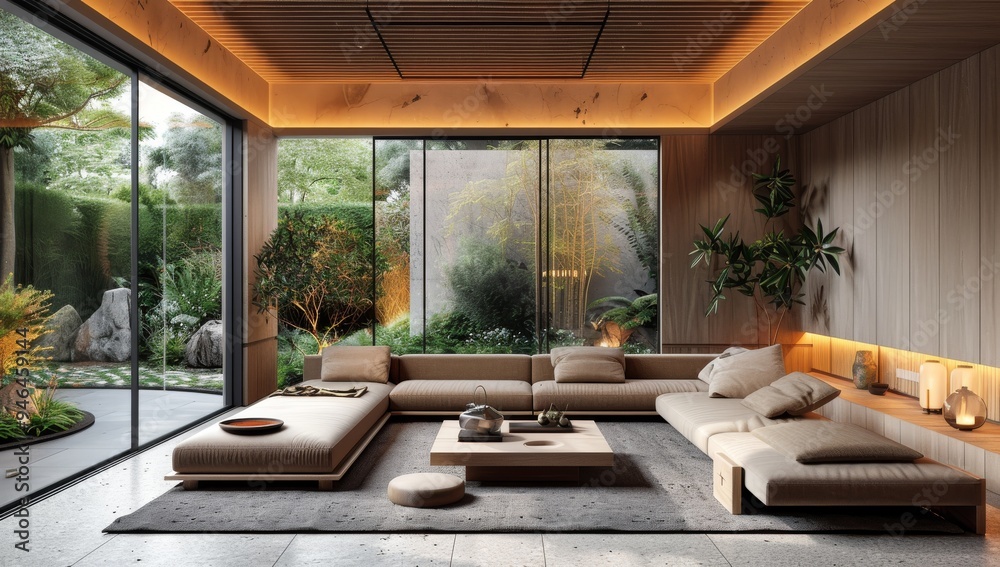 Modern Japanese Living Room with Outdoor Garden View Modern Japanese Living Room with Outdoor Garden View