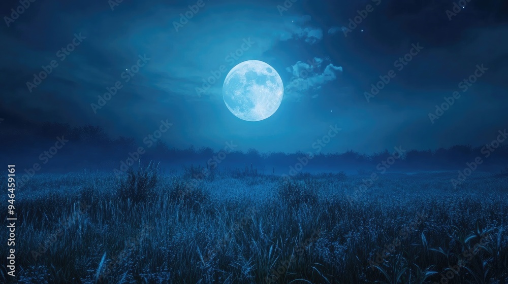 Fototapeta premium A full blue moon rising over a peaceful meadow, lighting up the night.