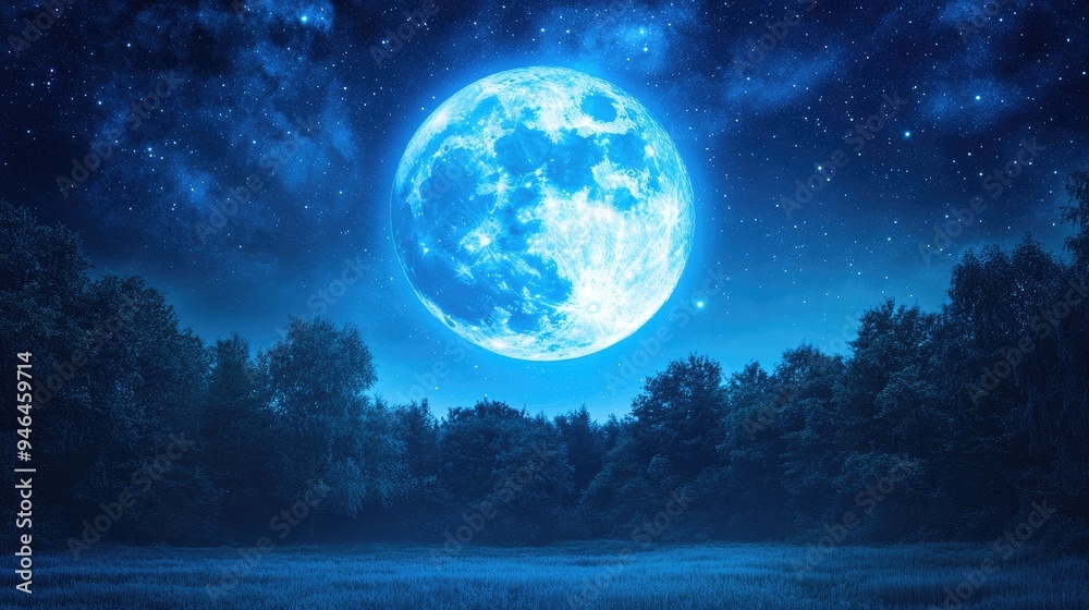A full blue moon shining brightly above a quiet forest, with stars twinkling overhead. A full blue moon shining brightly above a quiet forest, with stars twinkling overhead.