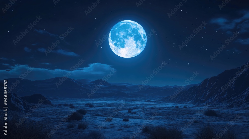 Fototapeta premium A full blue moon shining brightly above a tranquil desert landscape at night.
