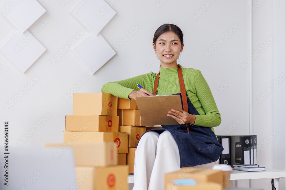 SME business asian entrepreneurs small in Asia Write shipping information on a cardboard box in home office. Small business sme operators preparing to ship to customer SME business asian entrepreneurs small in Asia Write shipping information on a cardboard box in home office. Small business sme operators preparing to ship to customer