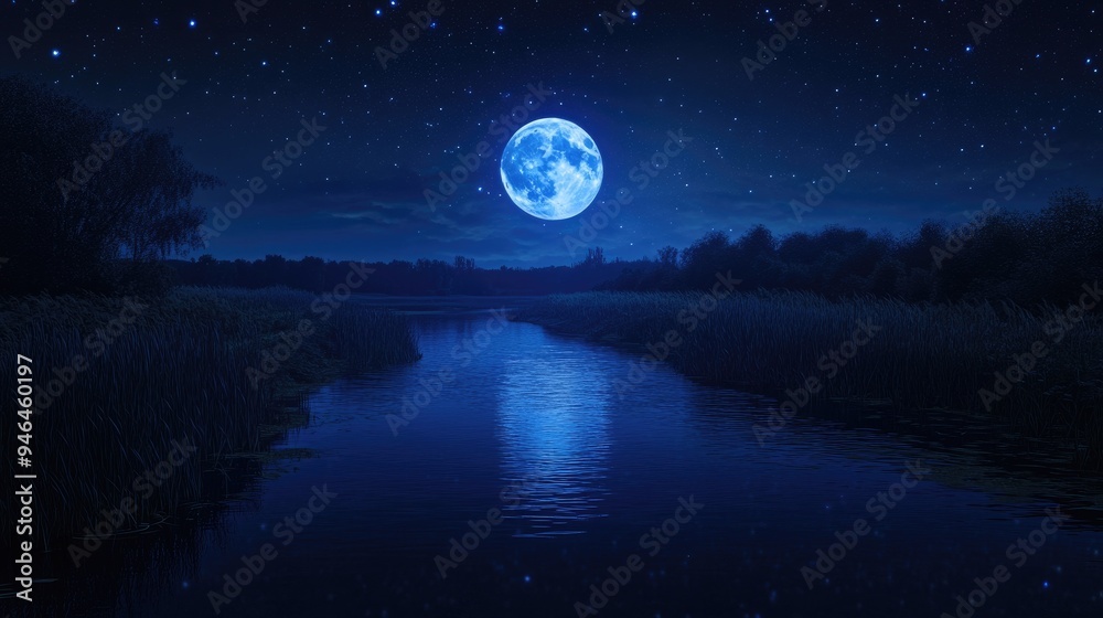 A full blue moon shining over a tranquil river at night, with stars reflecting in the water. A full blue moon shining over a tranquil river at night, with stars reflecting in the water.