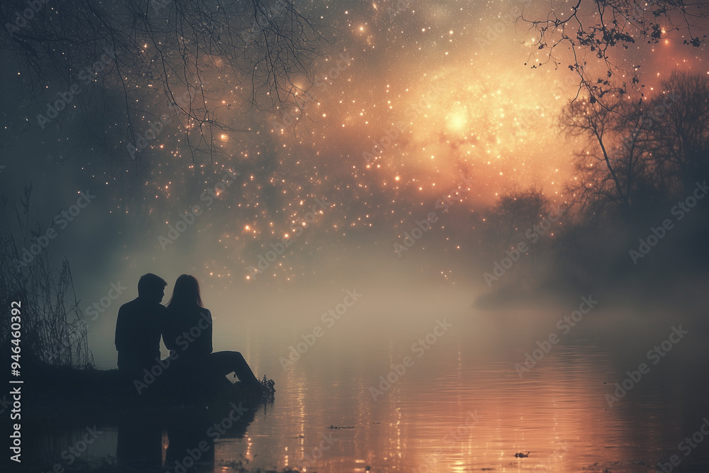 silhouette of a young couple by magical lake silhouette of a young couple by magical lake