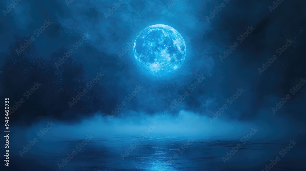 A full blue moon shining through the fog, creating a mystical night scene. A full blue moon shining through the fog, creating a mystical night scene.