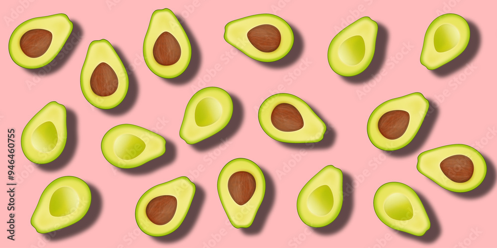 halves of a ripe avocado on a pink background. concept of food for weight loss halves of a ripe avocado on a pink background. concept of food for weight loss