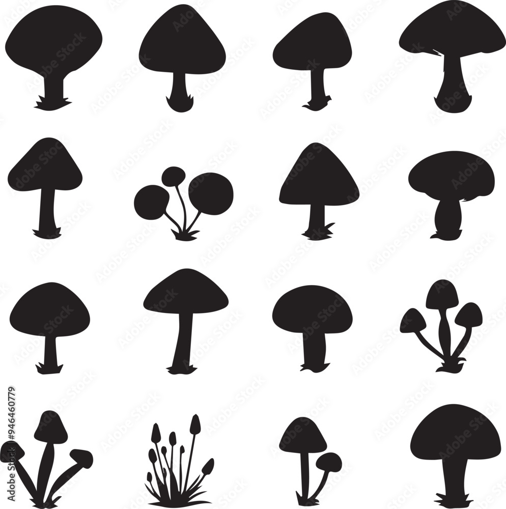 Mushrooms Vector silhouette set on white background Mushrooms Vector silhouette set on white background
