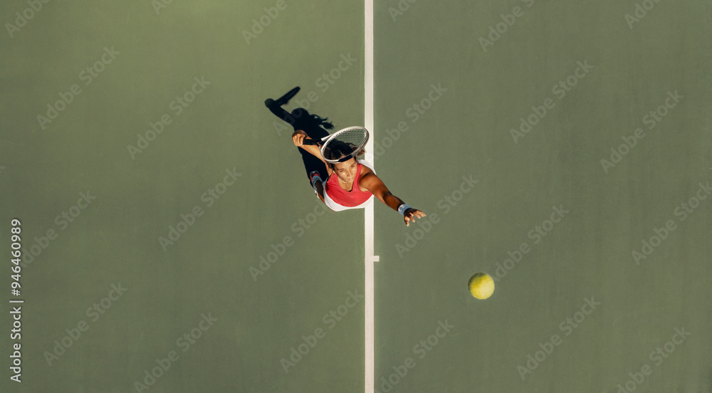 Εκτύπωση καμβά Top view of a woman serving in a tennis match, showcasing her athletic skill and