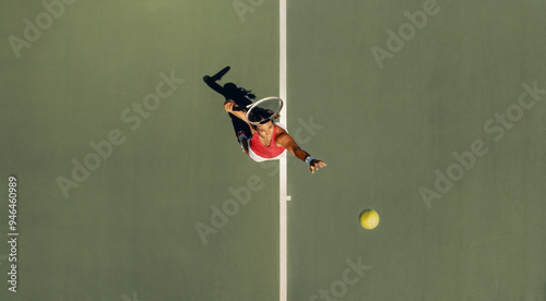 Top view of a woman serving in a tennis match, showcasing her athletic skill and precision
