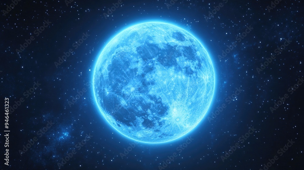 Fototapeta premium A full blue moon with a soft, glowing aura, surrounded by twinkling stars.