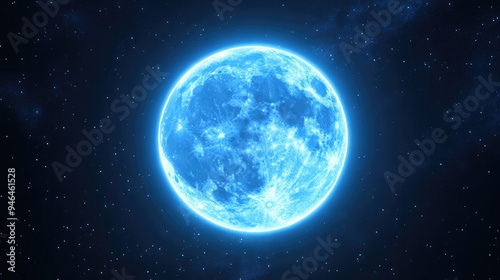 A full blue moon with a soft, glowing aura, surrounded by twinkling stars.