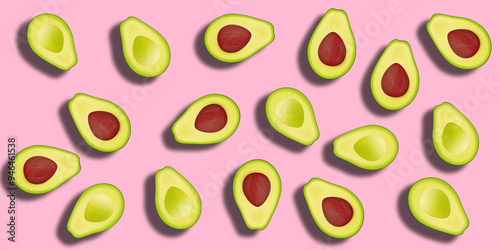 halves of a ripe avocado on a pink background. concept of food for weight loss	 photo