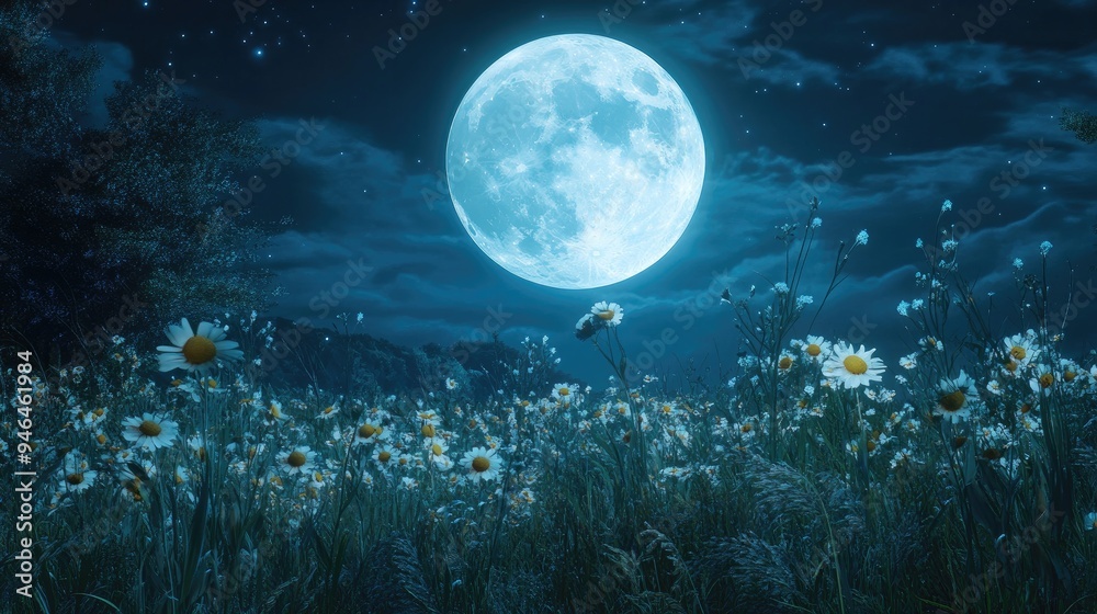 A full blue moon with soft light illuminating a field of wildflowers at night. A full blue moon with soft light illuminating a field of wildflowers at night.